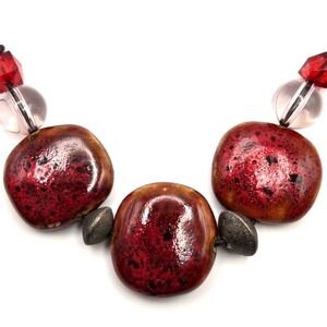 Handmade Red Ceramic Beads and Gunmetal Gray Accents on Leather Cord Necklace